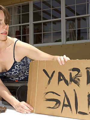 Petite female Ann Parker opts for steamy sex over having a yard sale