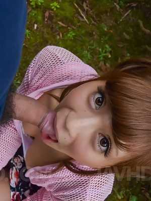 Anna Anjo Asian in cute outfit is happy to suck boner in nature