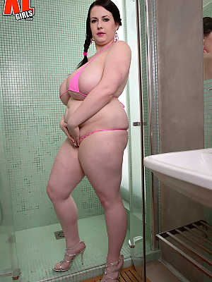 Sexy fatty Anna Beck in bikini wets her massive big saggy boobs in the shower