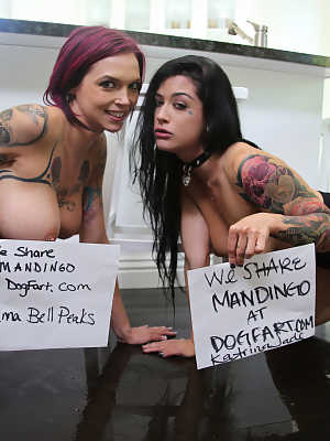 Tattooed girls Katrina Jade & Anna Bell Peaks kiss after an interracial 3some