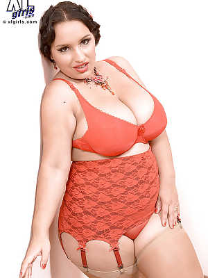 Glamorous fatty Anna Carlene playing with big fat tits in red underwear