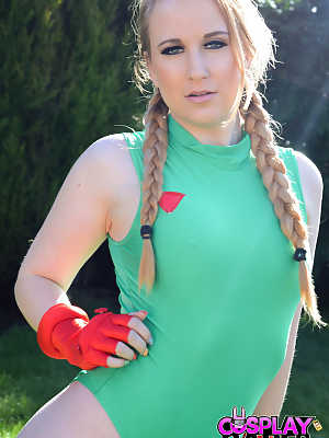 Anna Darling cosplays a Street Fighter character while showing her small tits