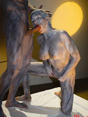 Busty blonde statue gives a blowjob & bangs after hours at the art gallery