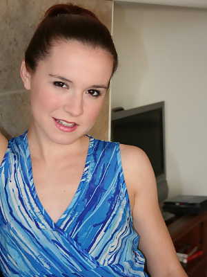 Perky Anna strips out of her blue dress and then peels off her sexy tight