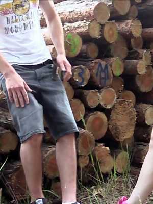 Blonde amateur Ashlee Cox engages in hardcore sex near lengths of sawed logs