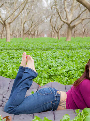 Aubrey Chase takes her purple sweater off and shows her big boobs in the park