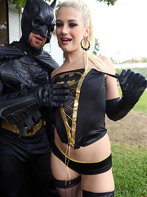 Sexy Batgirl with small boobs Aubrey Gold gets rammed by a horny husband