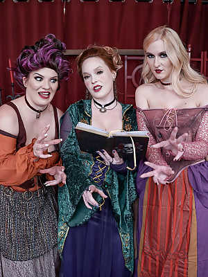 Witchy MILF beauties have a with a male slave in a Hocus Pocus parody foursome
