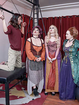 Witchy MILF beauties have a with a male slave in a Hocus Pocus parody foursome