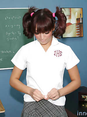 Skinny brunette in schoolgirl uniform Audrianna looks just perfect