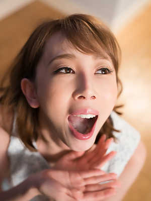 Japanese redhead swallows a mouthful of cum during CFNM action