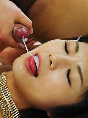 Azumi Harusaki Asian gets sperm on mouth and tits from boners