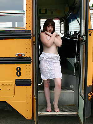 Cute teen B4rbi3 exposes her firm tits and ass on a school bus