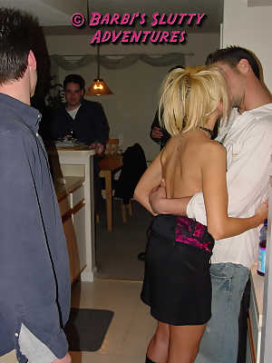 Very slutty blonde MILF Barbi Sinclair dresses as slut and goes to a college groupsex party where she fucked every single guy.