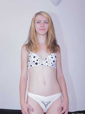 Skinny pale blonde Beatrix Glower removes bra & panties to spread pussy lips