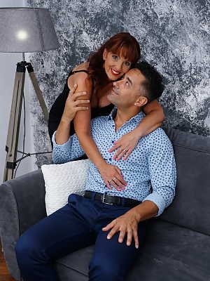 Mature redhead Beau Diamonds has her pussy licked before sex with her man