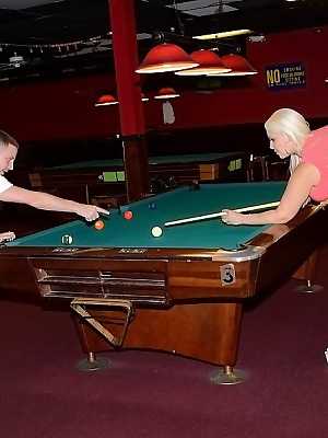 Curvy slut gets nailed on a pool table and jizzed over her big jugs