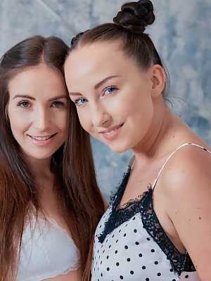 Sweet teens Bella Angel and Lenna Ross undress and masturbate together