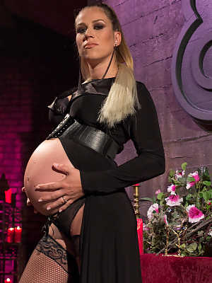 Pregnant Bella Wilde stunning in black lingerie gets ready for BDSM pleasure