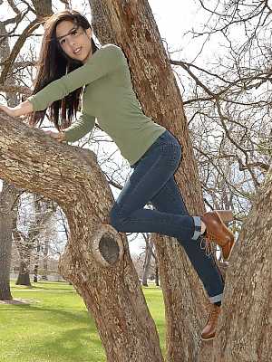 Latina chick Bella Quinn climbs a tree in the park wearing a sweater and jeans