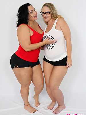 Chubby ladies Dee Siren & Betty Bang pose in their sexy booty shorts & shirts