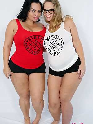 Chubby ladies Dee Siren & Betty Bang pose in their sexy booty shorts & shirts