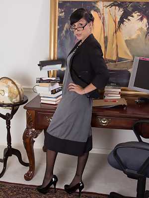 Brunette secretary in stockings Lucy Dutch strips to show her sweet hairy twat