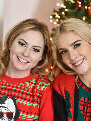 Hot blonde Britney Light and brunette Mazzy Grace share a Christmas cock