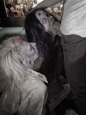 2 punk girls in scary makeup tongue kiss at end of a 3some parody