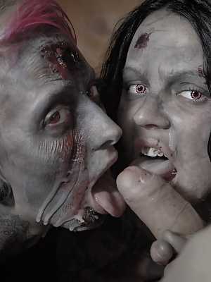 2 punk girls in scary makeup tongue kiss at end of a 3some parody