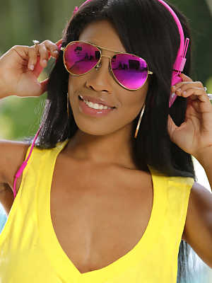 Ebony solo girl Brittney White bares hooters in sunglasses and OTK socks