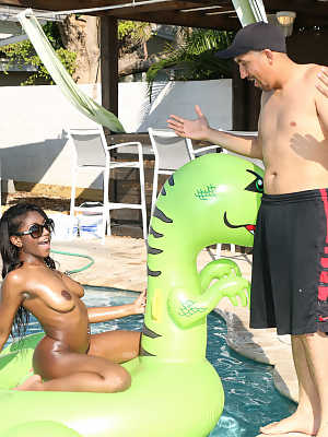 Ebony goddess Lexi Rose gets her natural tits oiled up and fucked poolside