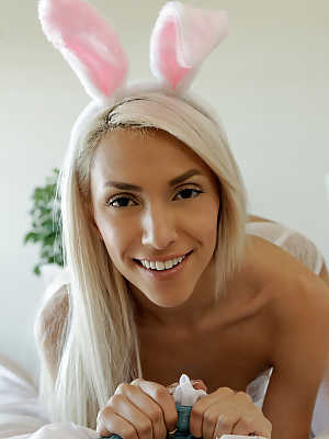 Adorable teen Hime Marie seduces her sleeping man wearing floppy bunny ears