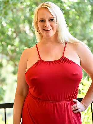 Pierced mature fatty in red dress flashes nude upskirt & exposes huge breasts