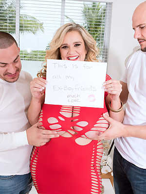 Overweight blonde Cami Cooper takes on two dicks at once in a revealing dress