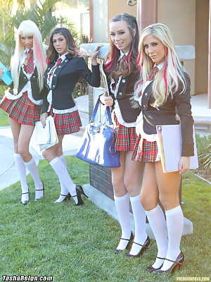 Busty blonde schoolgirl Tasha Reign and her friends strip and pose together