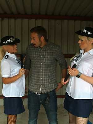 Hot police officers Caprice Jane, Syren Sexton strip & blow off a stallion