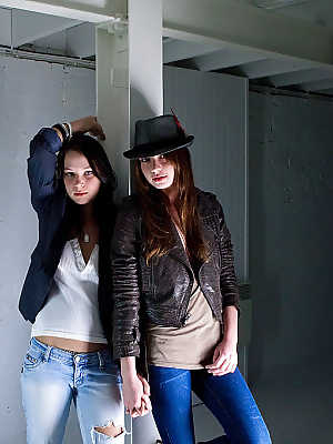 Teen girls Carly T and Rebekah strip off ripped denim jeans to model nude