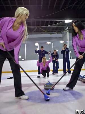 Three busty american pornstars get a hardcore fuck from the curling instructor