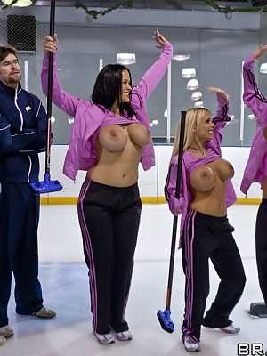 Three busty american pornstars get a hardcore fuck from the curling instructor