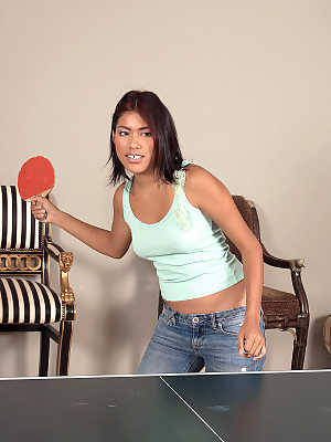 Asian chick Carmen Blue strips to her birthday suit after playing ping-pong