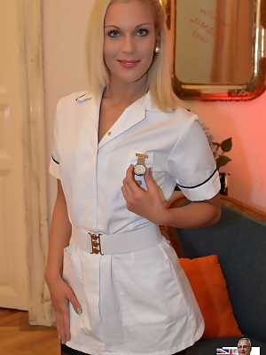 Hot blonde nurse Cecilia Scott hikes her uniform to models long legs & hot ass