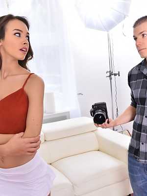 Skinny young Charity Crawford pays for photo shoot with hot blowjob & swallow