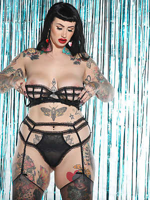 Fatty Galda Lou shows her big tits & inked body as she strips her lingerie