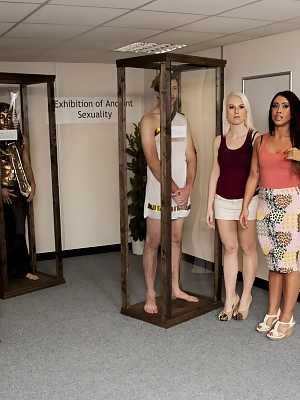 Dressed up hotties watch handsome naked men masturbate at the museum