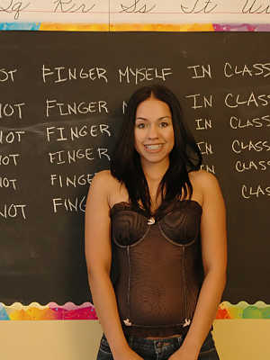 Latina teen Cindy Cupcakes exposes her tight ass in front of a chalkboard