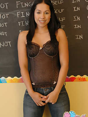 Latina teen Cindy Cupcakes exposes her tight ass in front of a chalkboard