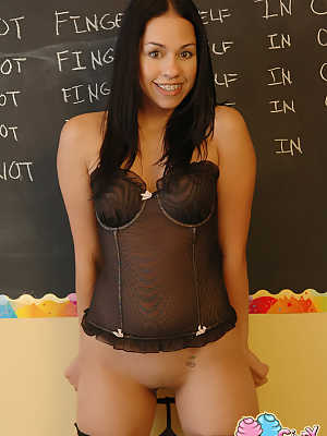 Teen solo girl Cindy Cupcakes strips naked in front of classroom chalkboard