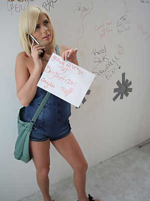Blonde teen Cindy Lou bangs a BBC at a gloryhole in black sandals