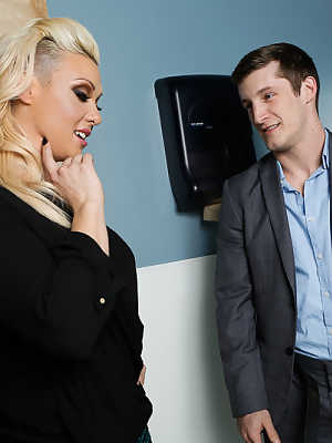 Horny blonde Cj Jean seduces a guy while working at a sperm bank